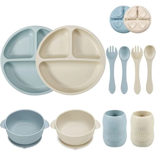 PandaEar Silicone Baby Feeding Set| 2 Divided Suction Plate + 2 Suction Bowl + 2 Tiny Cup with 2 Spoons| Baby Led Weaning Supplies Self Feeding Utensils (Blue White)