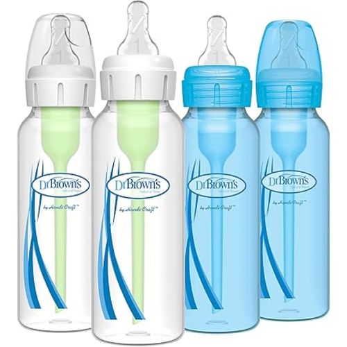 Dr. Brown’s Natural Flow® Anti-Colic Options+™ Narrow Baby Bottles, 8 oz/250ml, with Level 1 Slow Flow Nipple, 4 Pack, Blue/Clear
