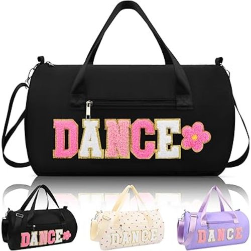Dance Bag for Girls, KUIRAN 23L Waterproof Travel Duffel Bag with Colorful Chenille Letter, Lightweight Small Gym Sport Ballet Weekender Bag with Large Main Compartment - Black/White/Pink