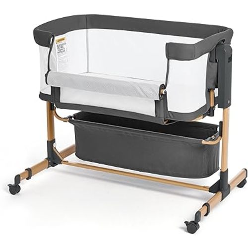 Baby Bassinet with Wheels, Bedside Bassinets for Baby, 3 in 1 Rocking Bassinet Bedside Sleeper Mesh & Mattress, Height Adjustable Bed Side Bassinet, Cosleeping Bedside Crib (Dark Grey)