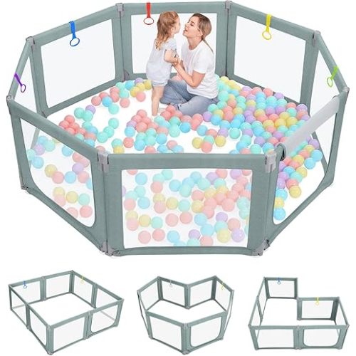 Dripex Foldable Baby Playpen, 71"×69" Play Pens for Babies and Toddlers, Safe Anti-Fall Play Yard with Gates, Baby Fence with Breathable Mesh, Indoor & Outdoor Kids Activity Center, Green