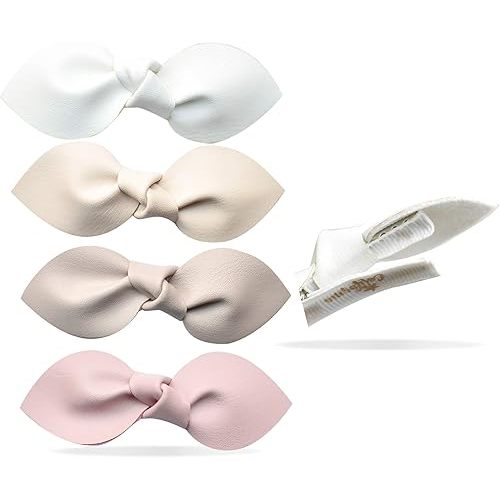 4 Non-Slip Faux Leather Bow Hair Clips – Fully Lined Alligator Clips for Baby, Toddler, and Girls – Hair Accessories – Organic Neutral Color Set by California Tot