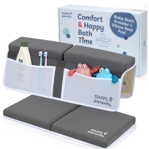 Simply Parents Comfortable Baby Bath Kneeler and Elbow Rest Pad Set - Quick-Dry Non-Slip Bath Kneeling Pad for Bathing Baby, Baby Bath Time Essentials for Newborn, Baby Bath Accessories for Tub, Gray