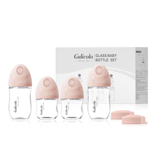Gulicola Natural Glass Baby Bottles Set 4 Pack, Newborn Girl Breastfeeding Bottles with Slow Flow Nipples, 0 Months+, 3 oz & 5 oz - Pink