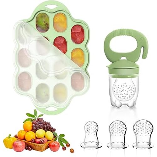 Silicone Baby Food Teether Feeder with Breastmilk Popsicle Molds Combo, BPA Free Baby Fruit Food Feeder Pacifier, Teething Popsicle for Baby 4m+, 3 Sizes Food Pouches Included(Foam Green)