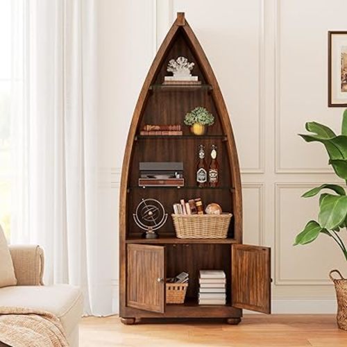 PADMA HOUSE 71" H Boat Shaped Bookcase with Glass Shelves, Solid Wood Display Bookshelf with Doors and Storage Cabinet, 5-Tier Modern Storage Organizer Kitchen Pantry for Living Room Office Library