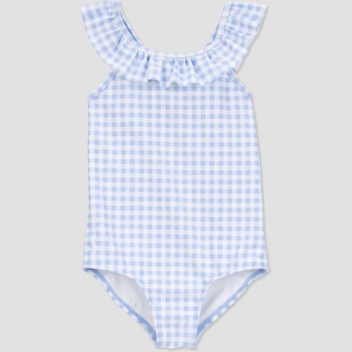 Carter's Just One You®️ Toddler Girls' Ruffle Textured Solid One Piece Swimsuit - Blue 3T: UPF 50+, Gingham Check, V Back