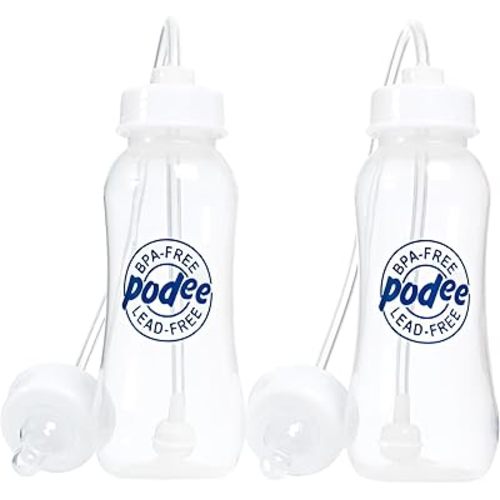 Hands-Free Baby Bottle - Anti-Colic Self Feeding 9 oz Baby Bottle Nursing System with Fast Flow Nipple/Teat 3m+ Infant (2 Bottles - Podee Blue)