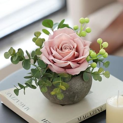 mizii DIY Small Artificial Flowers Potted Kit Fake Flower Realistic Silk Rose and Greenery with Vase for Gifts Table Centerpiece Mantle Office Desk Shelves Living Room Decorations (Light Pink)