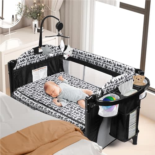 Xilingol 5-in-1 Baby Bassinet Bedside Sleeper, Baby Pack and Play with Changing Table, Portable Toddler Crib with Carry Bag, Cosleeper Bassinet Attach to Bed for Newborn to Toddlers