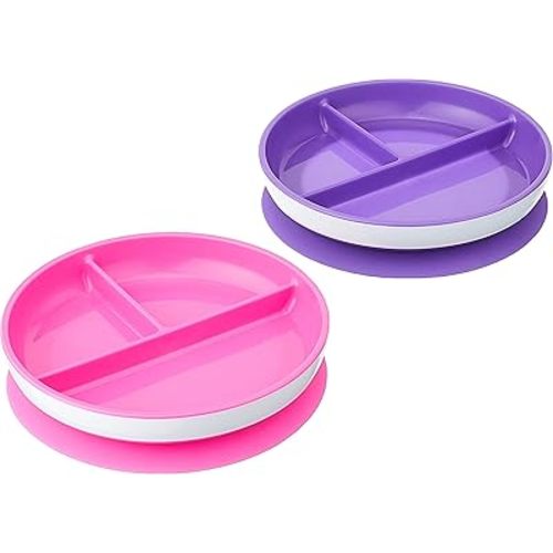 Munchkin Stay Put Suction Plates for Baby and Toddler, 3 Divided Sections , Pink/Purple