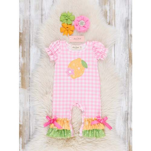 Embroidered Lemons Gingham Ruffle Romper