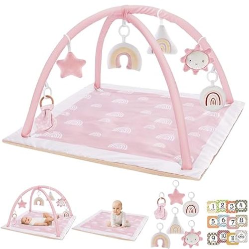 Mallify Washable Tummy Time Mat, Deluxe Baby Play Mat, Baby Play Gym with 6 Featured Toys and 12 Milestone Cards, Baby Gym for Infant & Toddler, Baby Play Mats for Floor, Non Slip Play Mat