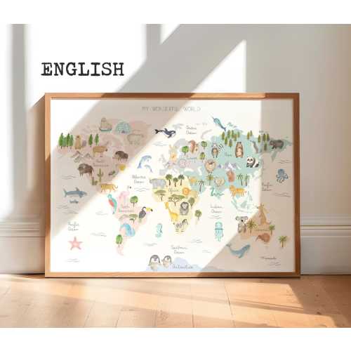 Animal World Map - Educational Watercolor Map for Kids | Nursery Wall Art | ENGLISH World Map Poster | Kids' Room & Nursery Decor