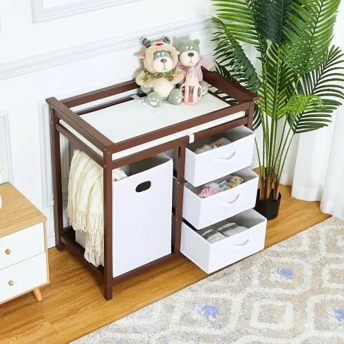 Wooden Baby Changing Table, Modern Diaper Changing Table, Infant Diaper Changing Station Dresser with Laundry Hamper, 3 Drawer Basket and Changing Pad