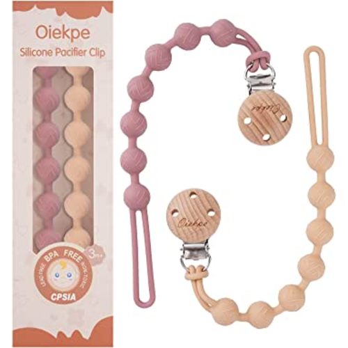 Pacifier Clips for Baby Boys Girl - 100% Food Grade Silicone, One Piece Pacifier Clip Holder, Wooden Clips Design, Paci Clip Soothe Baby Binky Holder for Shower Birthday Gift(Apricot+Powder Rose)