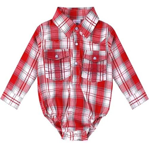 COSLAND Baby Boys' Western Cotton Plaid Bodysuit, Infant Cowboy Jumpsuit, 0-18 Months
