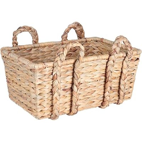 Household Essentials Large Rectangular Floor Storage Basket with Braided Handles, Light Brown