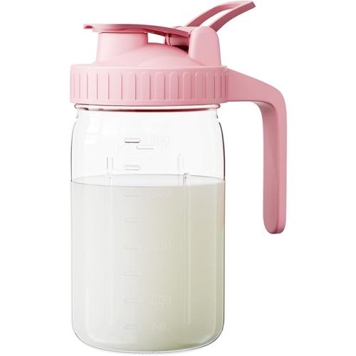 Breast Milk Pitcher, Mason Jar 32 oz, Heavy Duty Wide Mouth Jar with Pink Flip Cap Lid and Pour Spout, Airtight Seal for Freshness and Convenience, Great for Cold Beverages and Home Entertaining