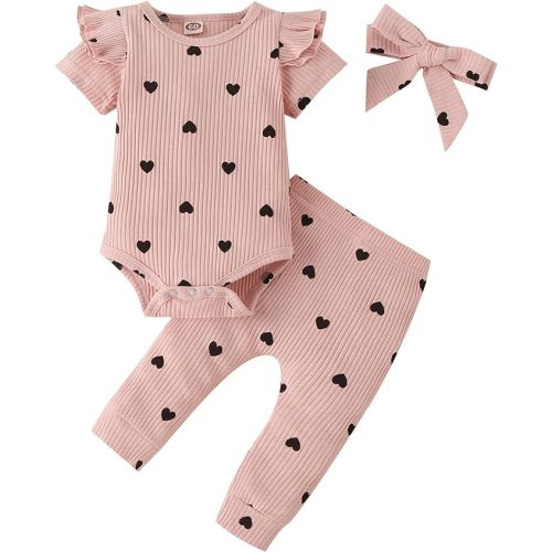 Fullfamous Baby Girl's 3pc Rib Frill Long Sleeve Romper and Pant Set