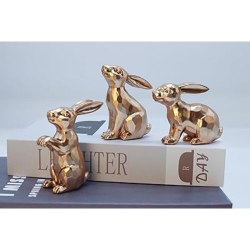 JORAE Gold Bunny Statues Easter Rabbit Figurines Set of 3 Vintage Rabbit Statues Animal Home Décor Office Table Ornament, Champagne Gold, 3" H, Polyresin