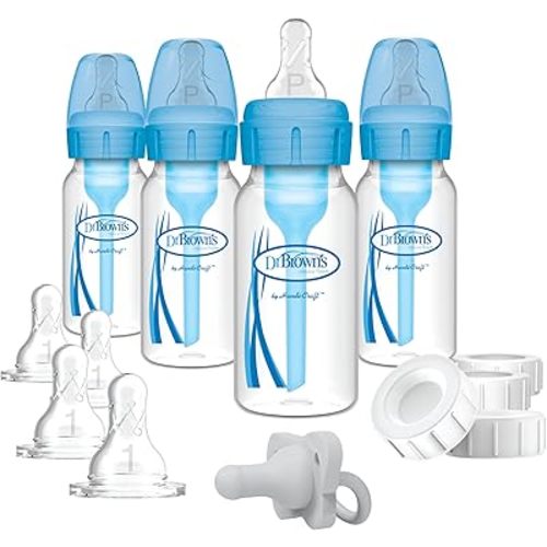Dr. Brown's Natural Flow Anti-Colic Options+ Narrow Breast to Bottle Pump & Store Feeding Set with Slow Flow Nipples, Baby Travel Caps and 100% Silicone HappyPaci One-Piece Pacifier, Blue