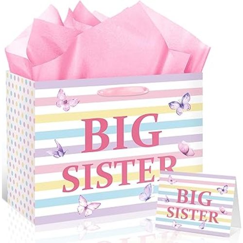 Big Sister Gift Bag for Girls, Cute Big Sister Gift Bag with Tissue Paper and Card Purple Pink Dot Stripes Wrapping Paper Butterfly New Sister Party Decor for Little Girl Birthday Party Supplies