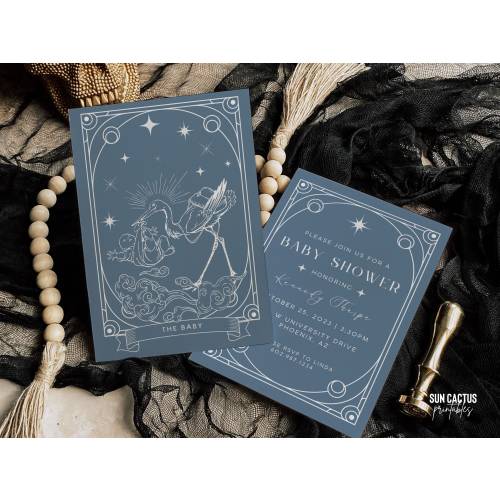 Tarot Card Baby Shower Invitation Template | Blue Baby Shower Invite, Celestial Baby Shower, Halloween, Printable & Customizable, Tarot 1