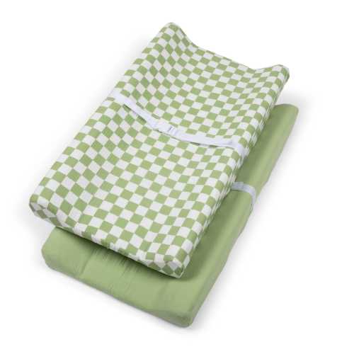 Sage Green Checkered Muslin Changing Pad Covers 100% Cotton: 2-pack 33"x17"x7"