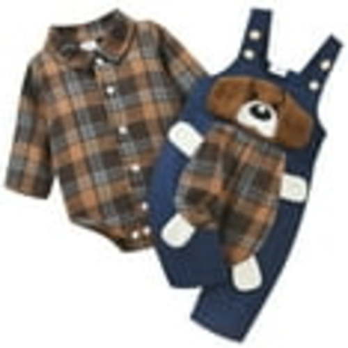Bebiullo Spring Autumn 2Pcs Newborn Baby Boys Clothes Sets Plaid Rompers+Cartoon Dog Pattern Long Suspender Pants