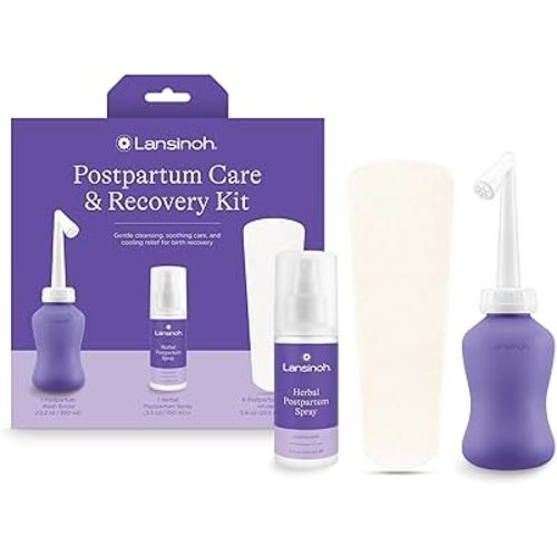 Lansinoh Postpartum Recovery Essentials Kit | 8-Piece New Mom Gift Set with Peri Bottle, Herbal Spray & Ice Packs for Soothing After Birth Care