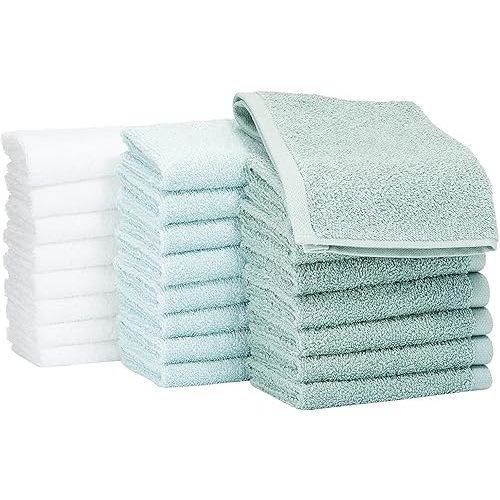 Amazon Basics face Towels for bathroom, 100% Cotton Extra Absorbent washcloth, Fast Drying - salon towel - 24 Pack (12 x 12 inches), Seafoam Green, Ice Blue, White