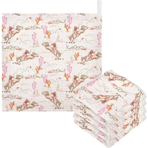 Baby Cowgirl Desert Cactus Washcloths Burp Cloths, 5 Pack | Cotton, Muslin, Face Towel, Drool Bibs, Bath, Soft, Newborn, Infants, Girls, Boys, 11.8 x 11.47 Inch