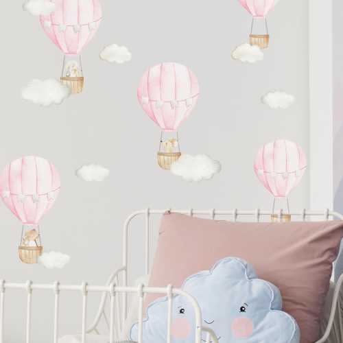 Pink Hot Air Balloon Wall Stickers – Pastel Nursery Décor, Baby Room Wall Decals, Removable Hot Air Balloon Stickers for Kids' Bedroom