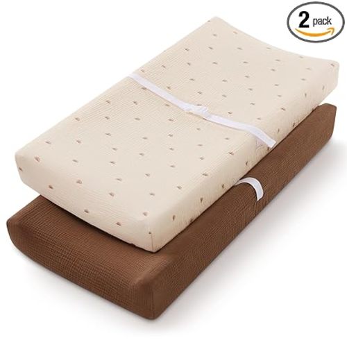 Muslin Changing Pad Cover for Girls Boys, Ultra Soft Breathable Cotton, Baby Diaper Change Table Pad Covers, 2Pack (Sunshine&Brown)