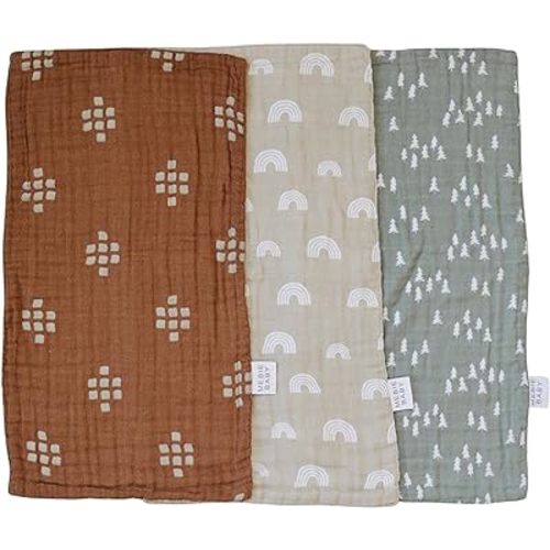 Mebie Baby Burp Cloths, Woods Print 3-Pack, Muslin Burp Cloth Set for Spit Up, Drool, and More, Boho Burp Cloths for Baby Boy and Girl, Baby Must Haves for Registry Lists and Gifts for Newborns