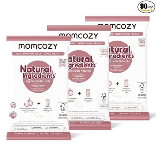 Momcozy Natural Breast Pump Wipes for Pump Parts Cleaning On-the-go, 30 Count (Pack of 3), Flash Clean & Resealable Pump Wipes