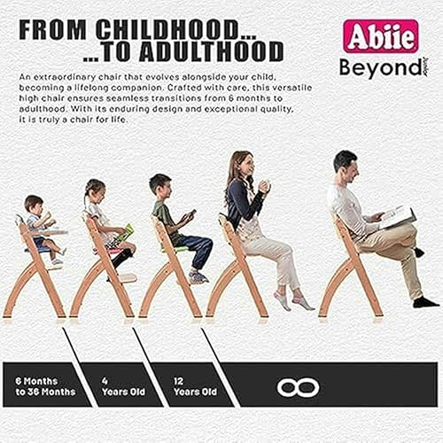 Abiie Beyond Junior Wooden High Chair with Tray - Adjustable and Convertible High Chair for Babies and Toddlers - 6 Months to 250 Lb - Water Resistant - Natural Wood/Blueberry Cushion