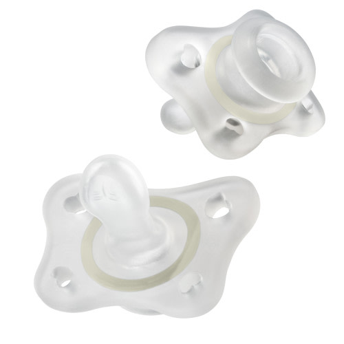 Chicco PhysioForma® 100% Soft Silicone Mini Glow-in-the-Dark One-Piece Pacifier, Orthodontic Nipple Supports Breathing, BPA & Latex Free, Reusable Sterilizing Case, 2-6 Months, 2pk - Clear
