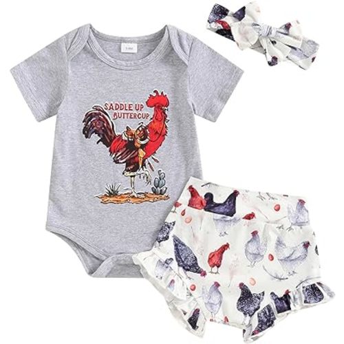 Western Infant Baby Girl Outfit Short Sleeve Rooster/Horse Print Romper Shorts Headband Set Summer Country Clothes