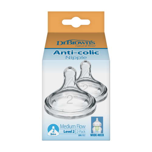 Dr. Brown's Natural Flow Level 2, Wide-Neck Baby Bottle Nipple, Medium Flow, 3m+, 100% Silicone, 2 Pack