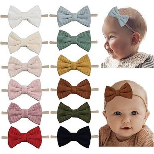 Baby Girl Corduroy Hair Bow Nylon Headband, Solid Color Tiny Bow Hair Bands 12pcs for Newborn Infant Toddlers (corduroy A 12PCS)