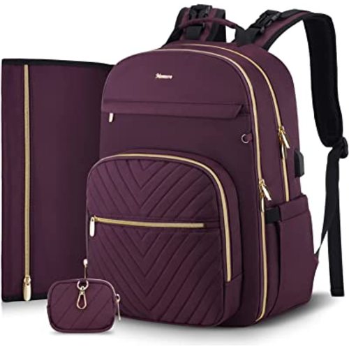MOMUVO Diaper Bag Backpack, Quilted Baby Bag with Changing Pad & Stroller Straps & Pacifier Case, Large Travel Diaper Bags for Mom Dad, Dark Purple