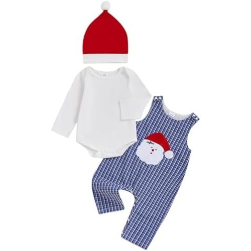 Toddler Baby Boy Halloween Outfit Pumpkin Long Sleeve Romper Plaid Overalls Pants Hat Set Cute Fall Winter Clothes