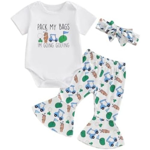 Newborn Baby Girl Golf Outfit Letters Short Sleeve Romper Golf Cart Bell Bottoms 3Pcs Set Infant Summer Clothes