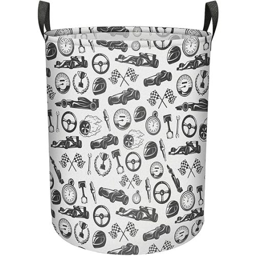 Collapsible Laundry Hamper Basket With Handles, Large Foldable Storage Bin For Men Women, Teens, Adults Waterproof Canvas Fabric Organizer For Clothes, Toys, Nursery,Racing,L