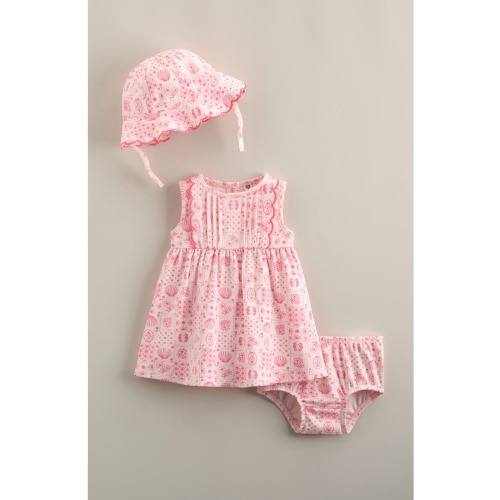 Pintuck Ruffle Cotton Dress, Hat & Bloomers Set