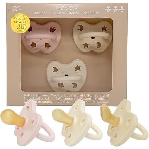HEVEA Trial Trio-Pack Baby Pacifiers in Natural Rubber - Pacifier Sampler Pack with Three Teat Mix for Newborns 0+ Months, The Baby Girl Mix