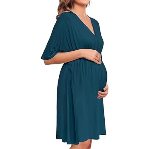 SWOMOG Women 3 in 1 Delivery/Labor/Nursing Nightgown Short Sleeve Pleated Maternity Sleepwear for Breastfeeding