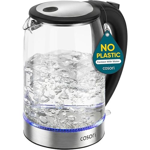 Cosori Electric Kettle, No Plastic Contact With Water, Wide Mouth For Easy Cleaning, Auto Shut Off, 1.7L Tea Kettle & Hot Water Boiler, Water Heater & Teapot, Borosilicate Glass, Black, 1500W